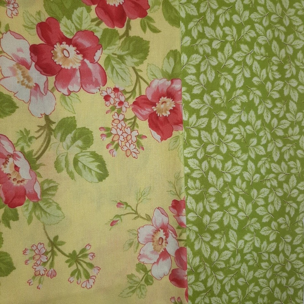 Fresh Palette Miss Rosie's Henry Glass Cotton Fabric Green Leaves Pink Roses